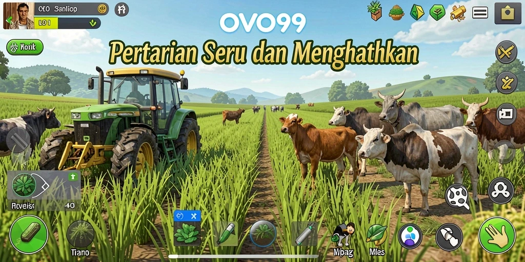 Screenshot gameplay farming yang menunjukkan ladang yang subur.